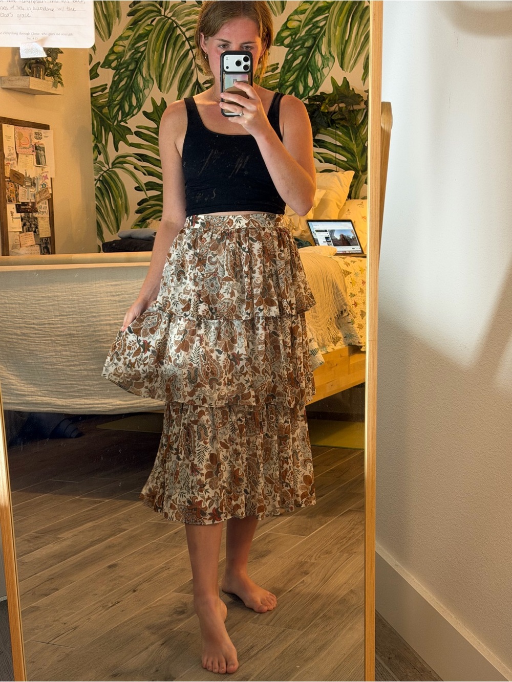 Chelsea & Violet Tiered Maxi Skirt in Brown and Cream Floral